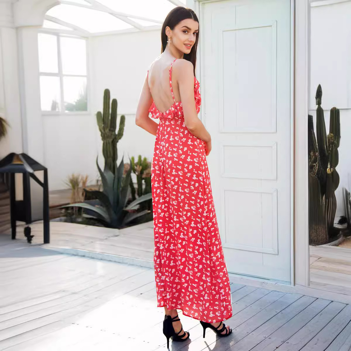 Cross-border exclusive for Amazon explosion sexy split v-neck ruffled printed bohemian dress bandage skirt