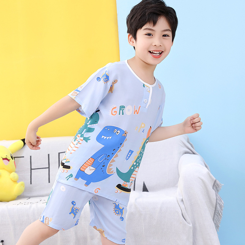 Children's Pajamas Cotton Silk Set Short-Sleeved Shorts Boys and Girls Thin Cotton Silk Home Clothes Soft and Cute