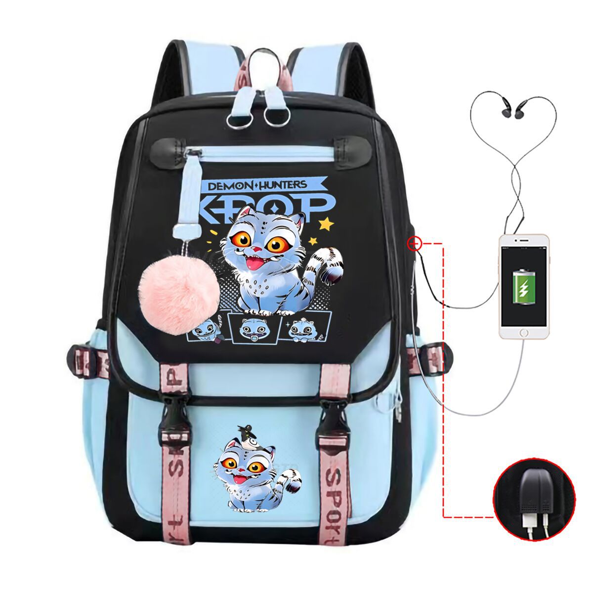 Cartoon animado impresión de contraste de color neutro mochila de moda USB transfronteriza gran capacidad mochila de estudiantes coreanos