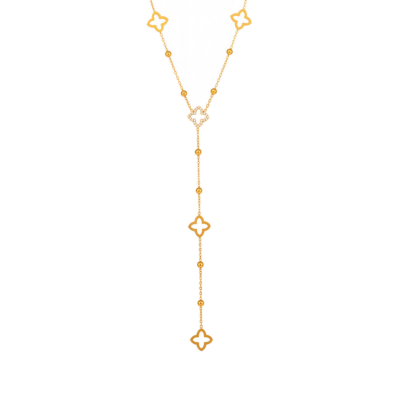 Geheimnisvolle vierblättrige Blume, kleine Perlenquaste, zweilagige Halskette für das Schlüsselbein, modisches, leichtes Luxus-Edelstahl-K_voghion.com