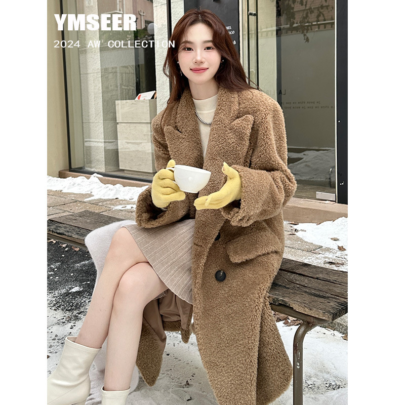 카멜 옷깃 세트 칼라 더블 브레스트 모피 양고기 코트 여성의 겨울 한국식 따뜻한 무릎 롱 코트