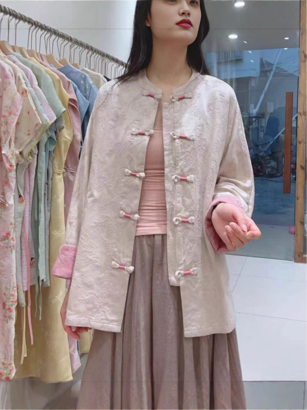 秋季新品新中式宽松提花棉麻开衫女装立领宽松长袖茶服|undefined