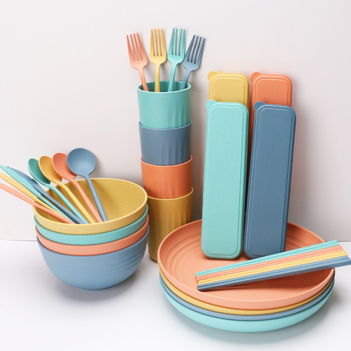 Cross-border wheat straw bowls, cups and plates 32-piece tableware set portable knife, fork, spoon and chopsticks microwaveable tableware set