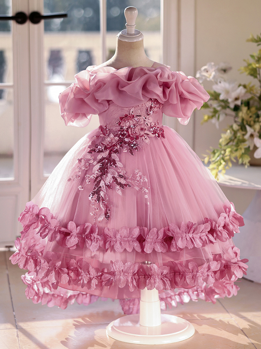 Vestido de niñas vestido de princesa de cola floral vestido de novia niños anfitriones de piano vestido de boda de verano