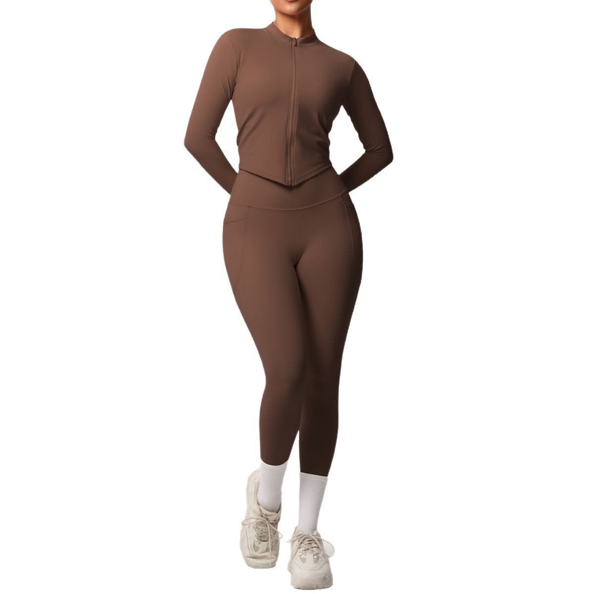 Traje de yoga ajustado de manga larga cepillado de doble cara desnudo transfronterizo para correr al aire libre pantalones de fitness adelgazantes traje deportivo para mujer
