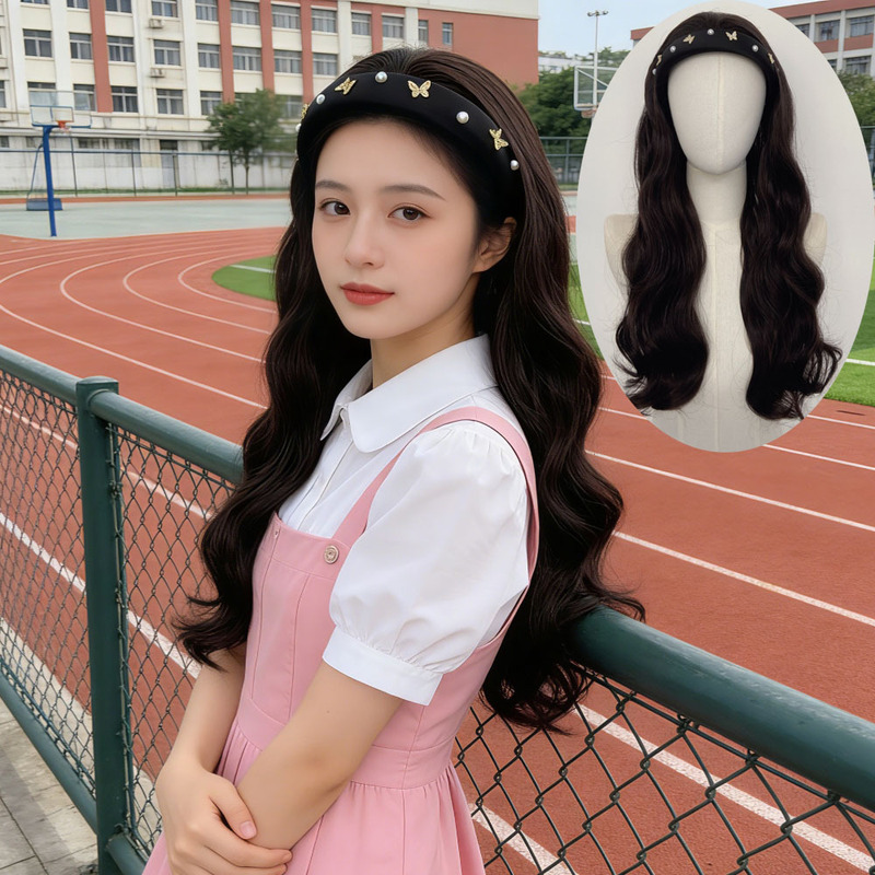 New Butterfly Headband Wig Long Curly Headband Internet Celebrity Rhinestone Pearl French Headband Artificial Big Wave Wig Piece