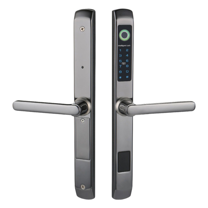 Kebei escudo roto puente de aluminio cerradura de huellas dactilares cerradura de contraseña al aire libre impermeable borde estrecho KFC traducción patio Puerta de Hierro cerradura inteligente