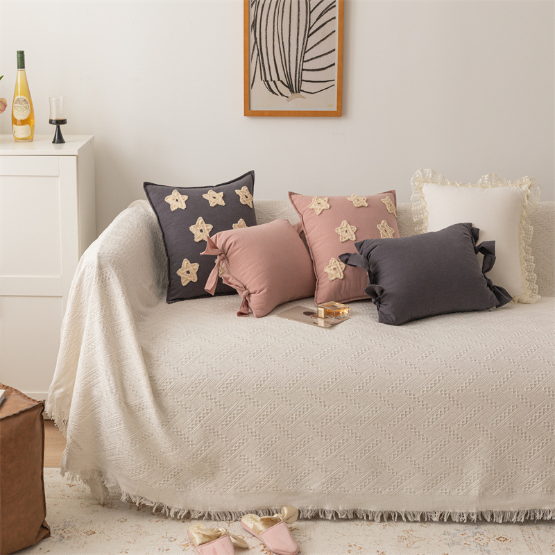Housse de coussin de canapé en coton et lin de couleur unie avec nœud brodé en forme d'étoile pour décoration de maison_voghion.com