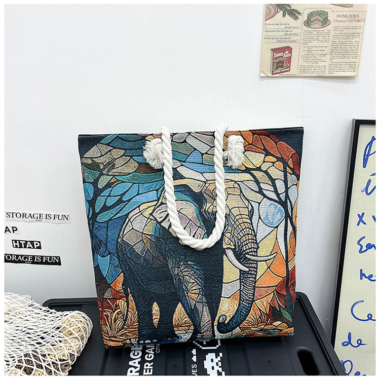 300g Weight Polyester Lining Material Zipper Closure Type Single Shoulder Strap Strap Type Tote Bag Bags Type Holiday, Travel Occasion Canvas Material Elephant Pattern All Seasons Season Women's Gender Ethnic Style, Classic Style Style Square Shape Medium Size Women's Medium Canvas Elephant Ethnic Style Classic Style Square Zipper Tote Bag 27