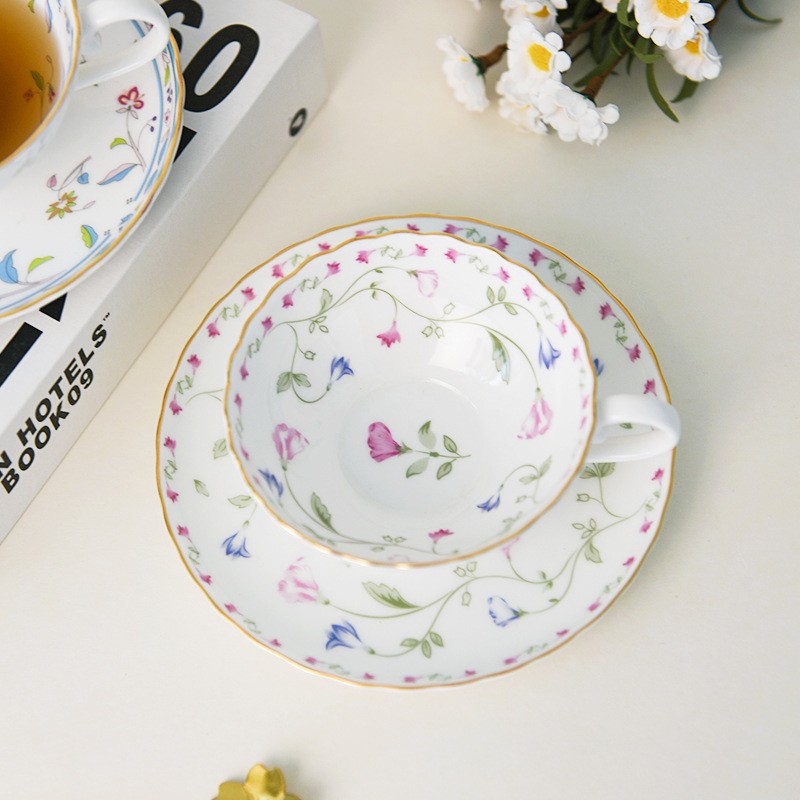 Flores lujosas románticas hueso de porcelana taza de café Jardín francés taza de té de la tarde taza de mesa de alto valor de oficina