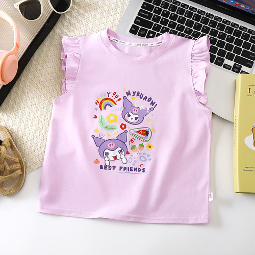 Summer New Pure Cotton Girls' Wing Sleeve T-Shirt Soft Breathable Sweat-absorbent Versatile Cute Fashion T-shirt