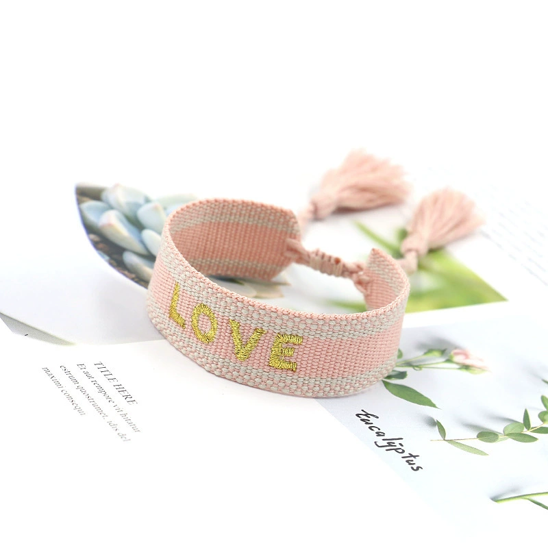 handmade woven bracelet, polyester, embroidered letters with tassels, adjustable (love)