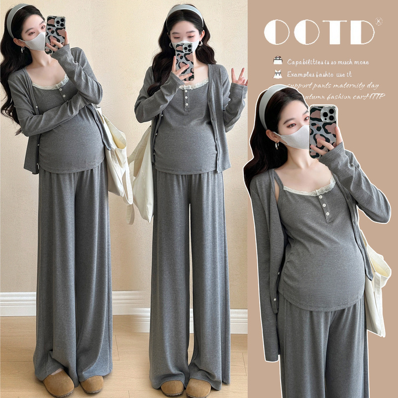 Maternity Wear 2026 Spring Collection Korean Style Versatile Casual Comfortable Thin Cardigan Camisole Top Wide-Leg Pants Three-Piece Set