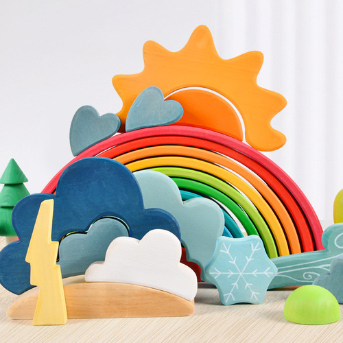 Four elements children's car toys wooden ladder street scene building small rainbow mosaic building block house