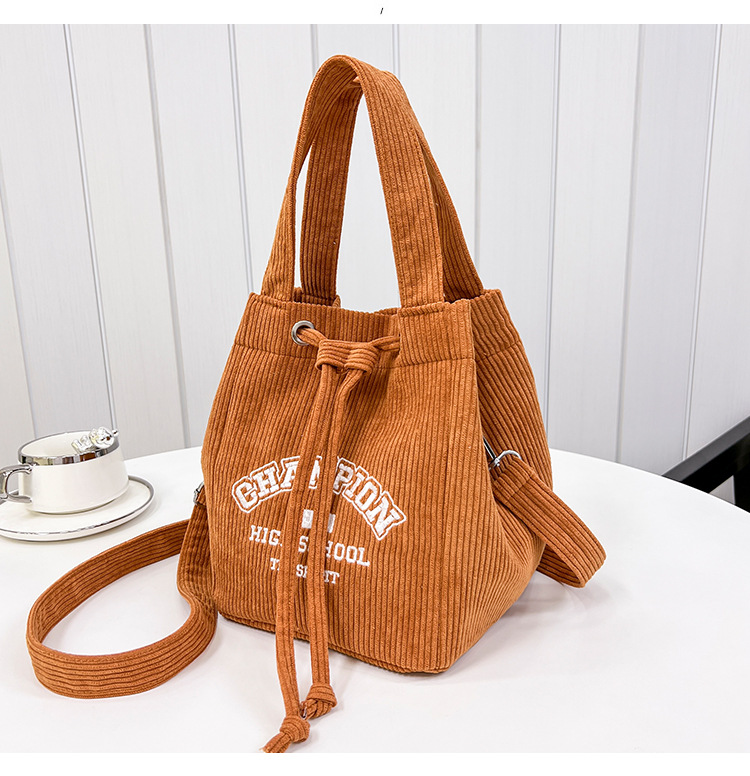 Women's Medium Corduroy Letter Basic Classic Style String Bucket Bag display picture 4