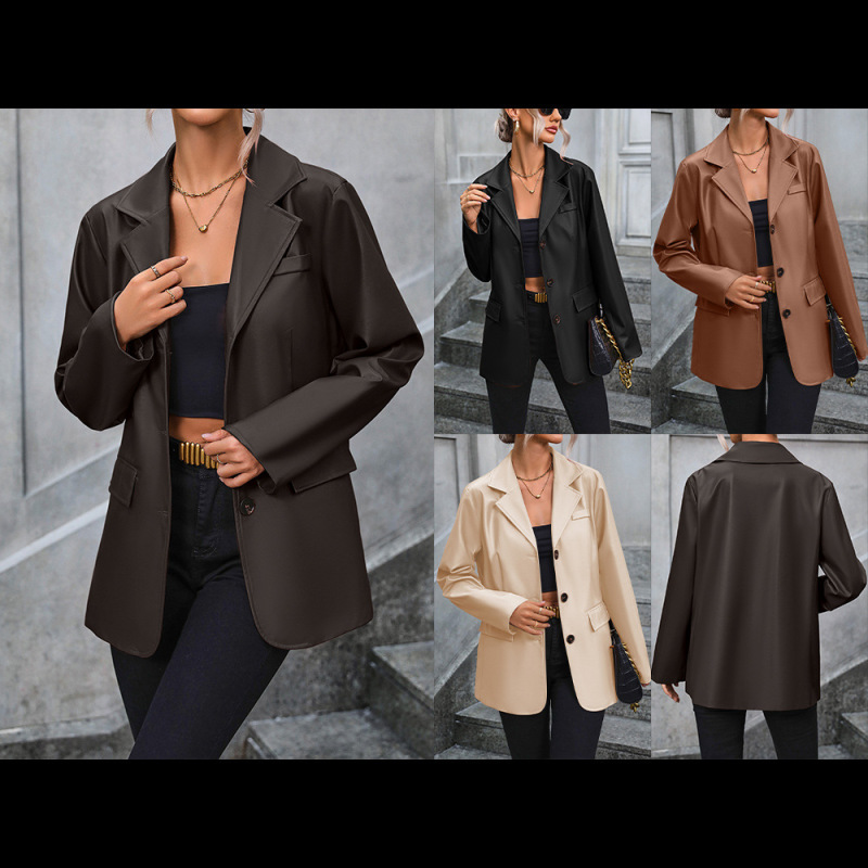 Amazon Cross-Border European and American Clothing Style Pu Motorcycle Leather Jacket Single-Breasted Blazer Top for Women