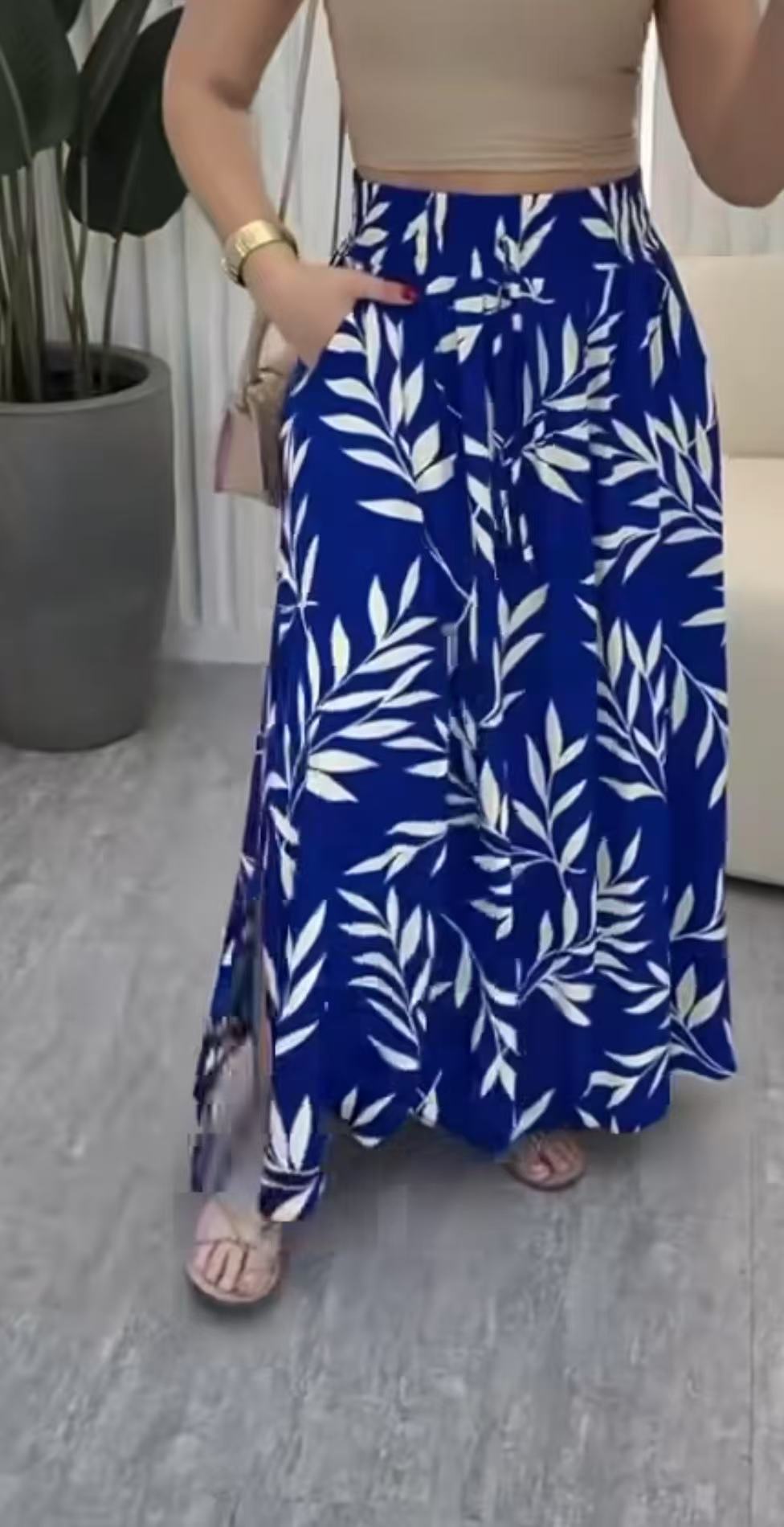 Women's Casual Wide Sleeve Printed Slit Pocket Midi Skirt Bestselling_ecoleips.com