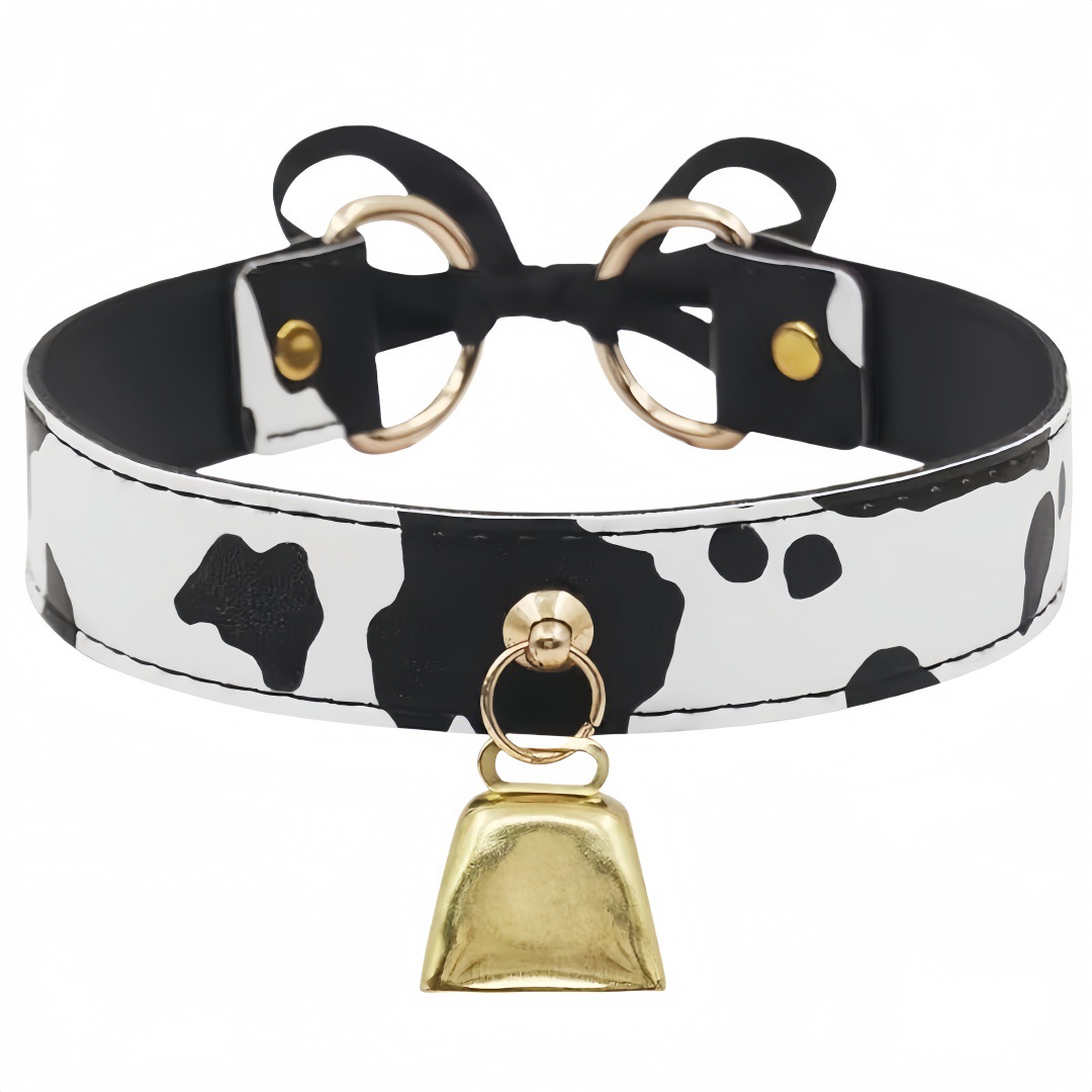 European and American Fashion Exaggerated Soft Girl Sweet Bow Cow Print Choker Neckband Sexy Big Bell Pu Leather Necklace