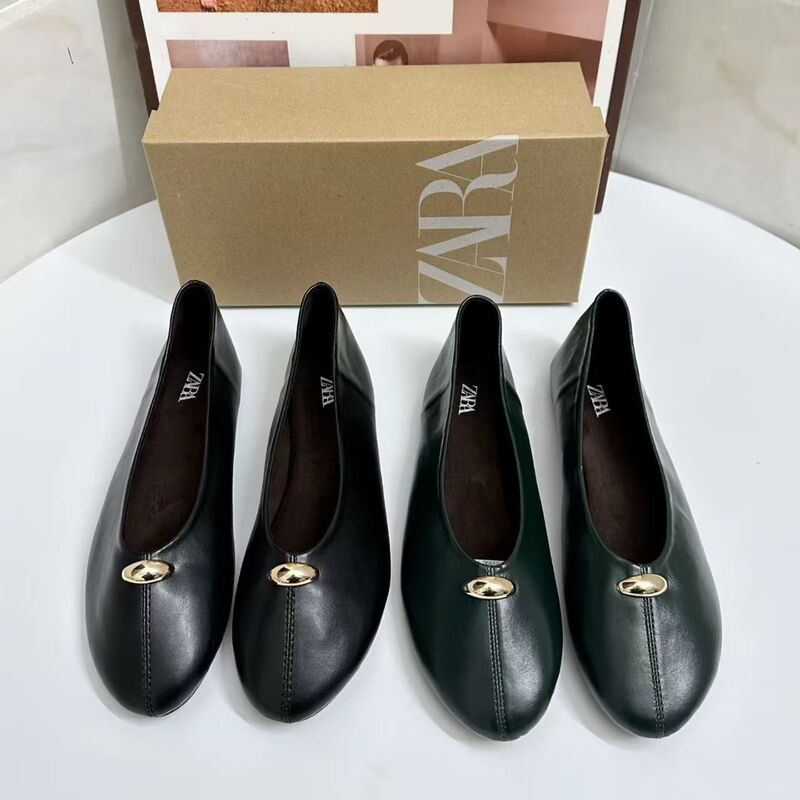 Za2025 Spring New Women's Shoes, Shallow Slip-On Flats with Soft Leather Accents, Flat Round-Toe Ballet Shoes