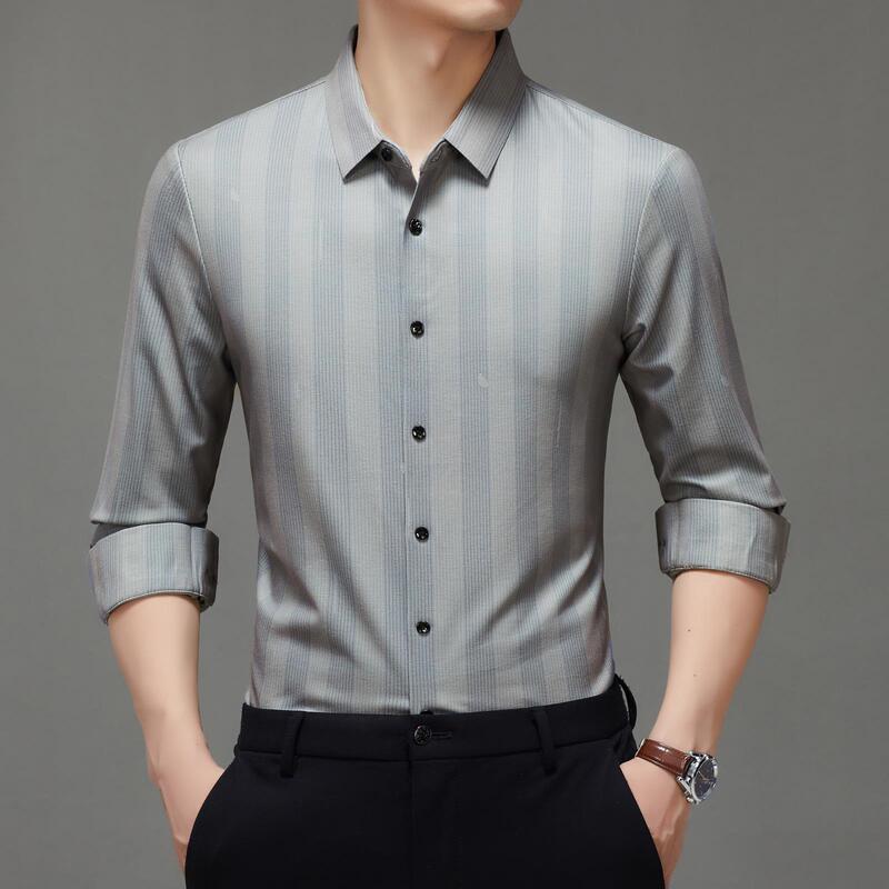 Counter 100% Mulberry Silk Shirt Men's Long-Sleeved Vertical Stripes Autum Business Casual No-Iron Men's Thin Shirt