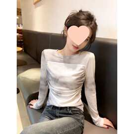 法式复古晕染网纱长袖T恤女设计感褶皱修身显瘦透视辣妹罩衫上衣