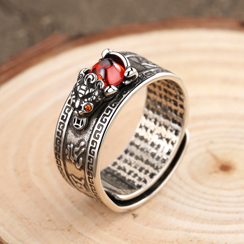 Vintage Thai Silver Garnet Pixiu Ring Adjustable Men Ring_voghion.com