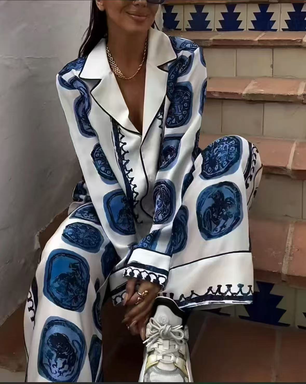 346g Weight Daily Street Women's Classic Style Printing Abstract Polyester Pant Co-ord Set Pants Sets