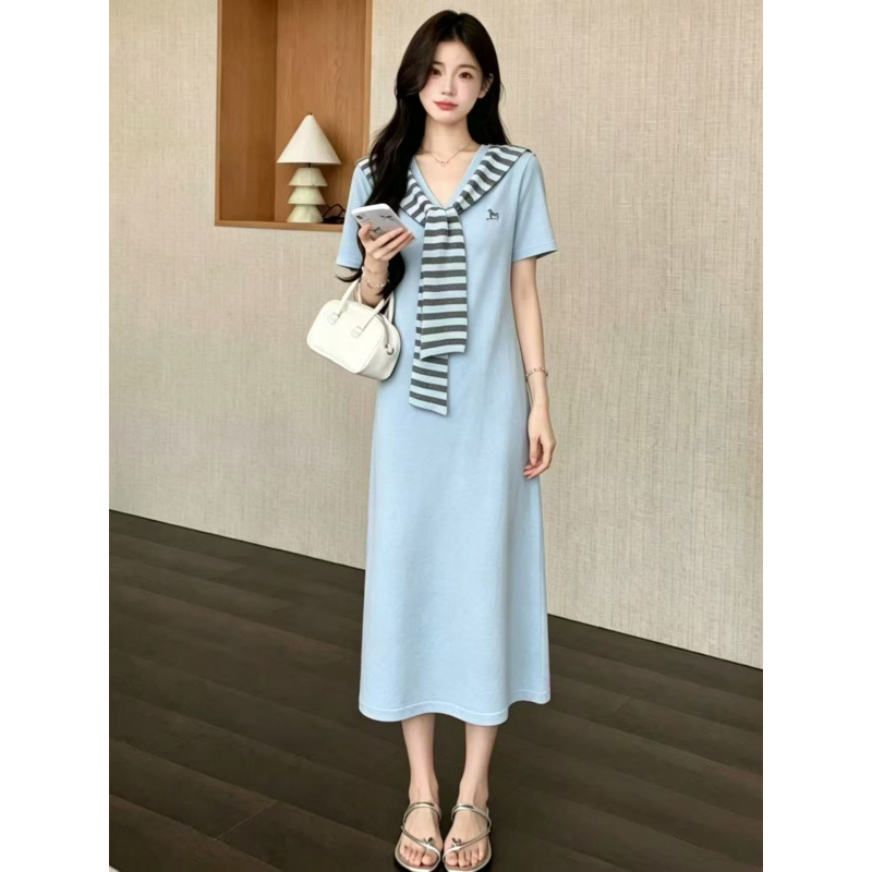 Korea! 2026 Summer Korean-Style Academy-Style Navy Collar Dress, Summer Slim-Fit A-Line Mid-Length Dress with a Sense of Design