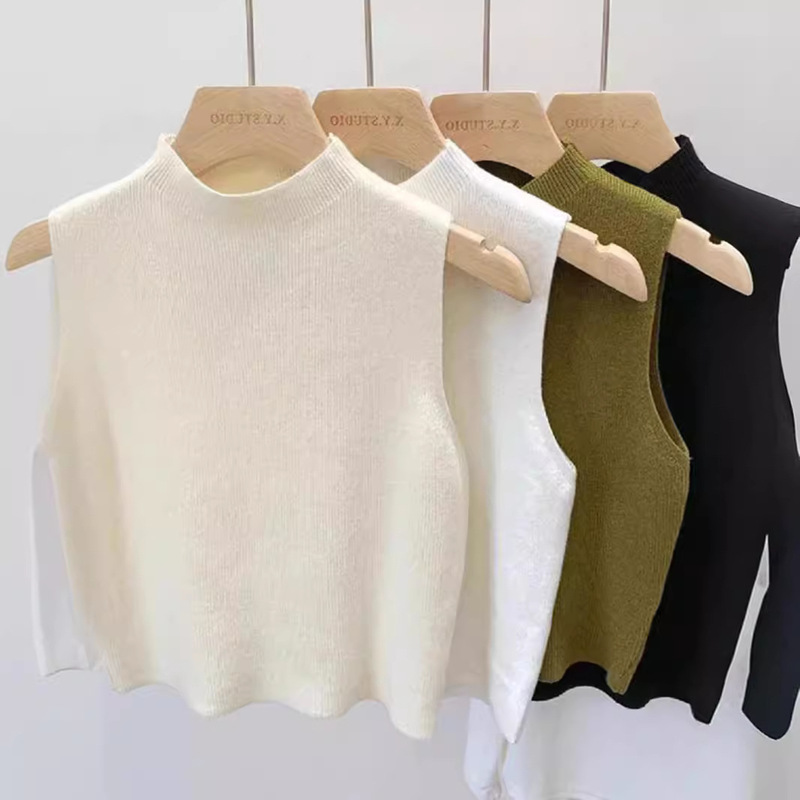 Knitted Small Camisole Women's Autumn and Winter Suit Inner Base Shirt Spring and Summer Outer Wear Mock Collar Sleeveless T-shirt Top