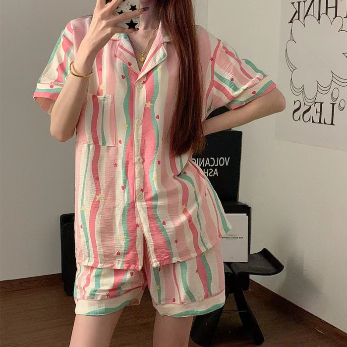 Ins風起爆パジャマ女春夏薄型雲綿シンプルアニメ半袖半ズボン家庭服セット|undefined