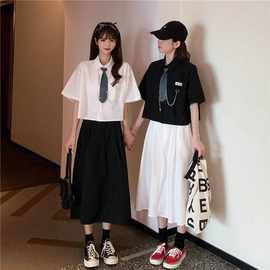 2024夏季新款套装女学生韩版宽松短袖衬衫闺蜜装两人半身裙两件岸