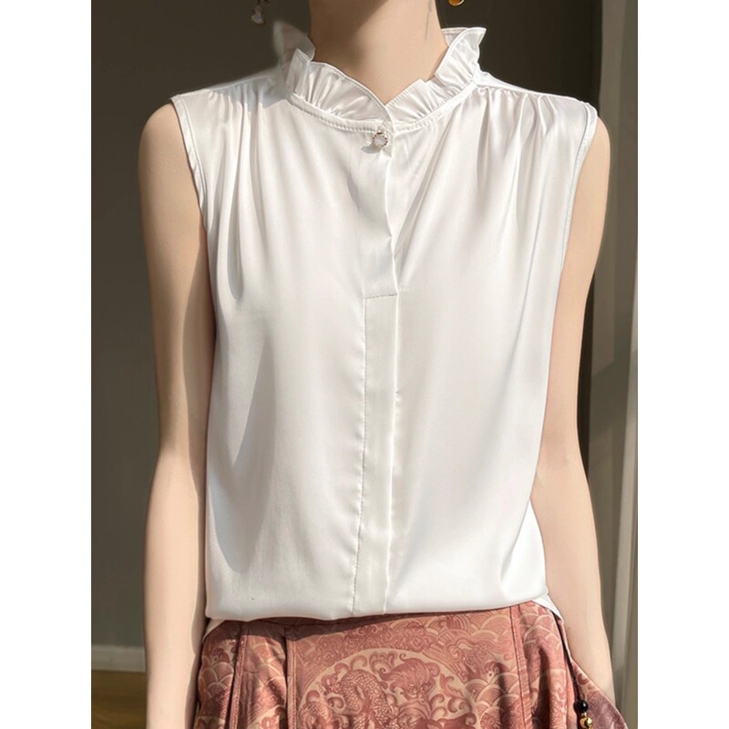 French Style Sleeveless Ear Collar All-match Base Shirt Summer Satin Lotus Leaf Shirt Top High-grade Vest A3334