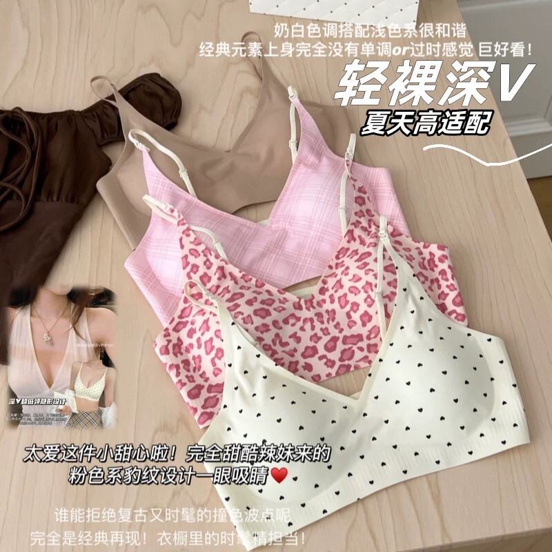 Nude-Feel Deep V-Neck Skin-Friendly Bra Pullover Bralette for Women, Summer French-Style Polka Dot Sexy Leopard Print Comfortable Seamless Underwear
