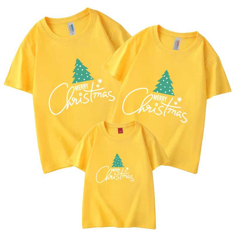 Árbol de Navidad Feliz Año Nuevo autoproducido y vendido algodón refinado ropa de padre-hijo ropa de niños de venta rápida manga corta cuello redondo Camiseta de los niños al por mayor
