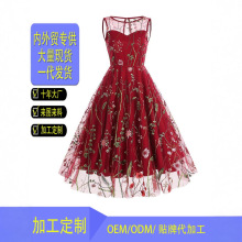 亚马逊欧美跨境圆领夏季无袖重工刺绣礼服连衣裙