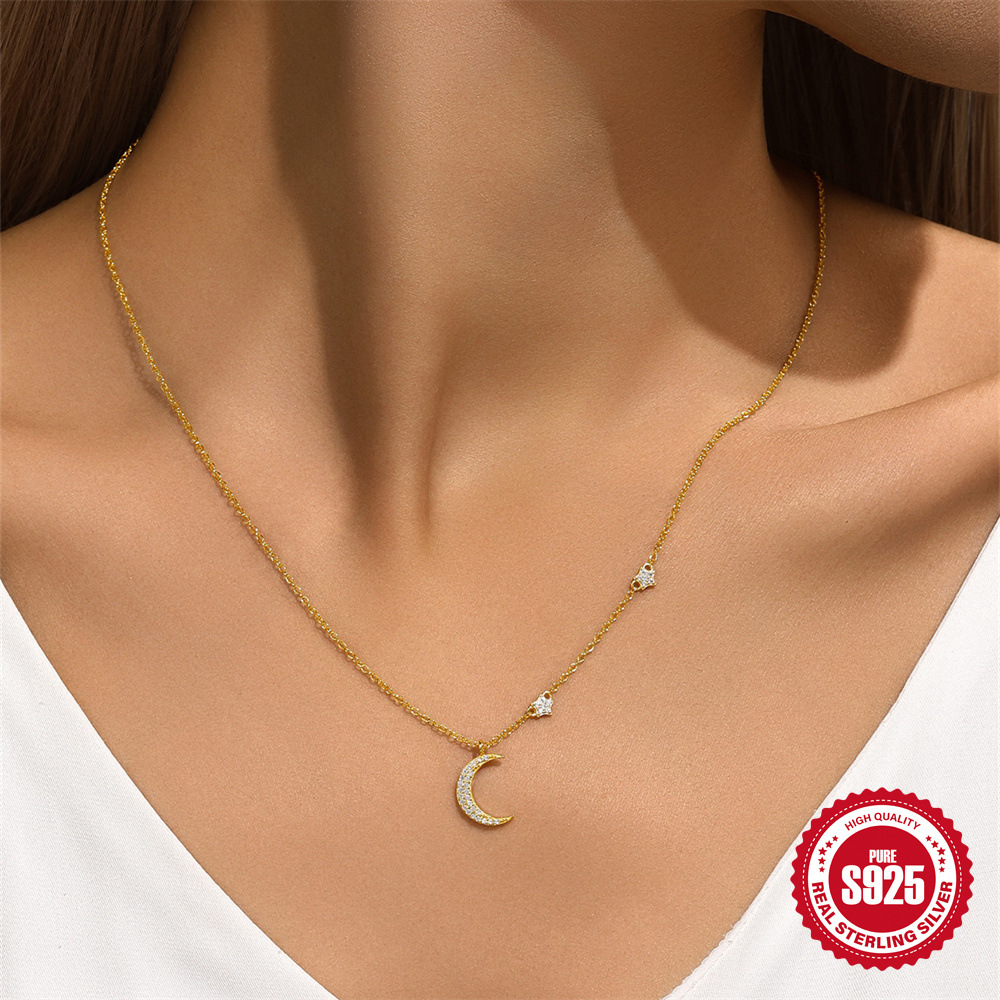 Lujo ligero transfronterizo europeo y americano uso diario de plata de ley s925 salvaje luna de cinco puntas collar de diamantes