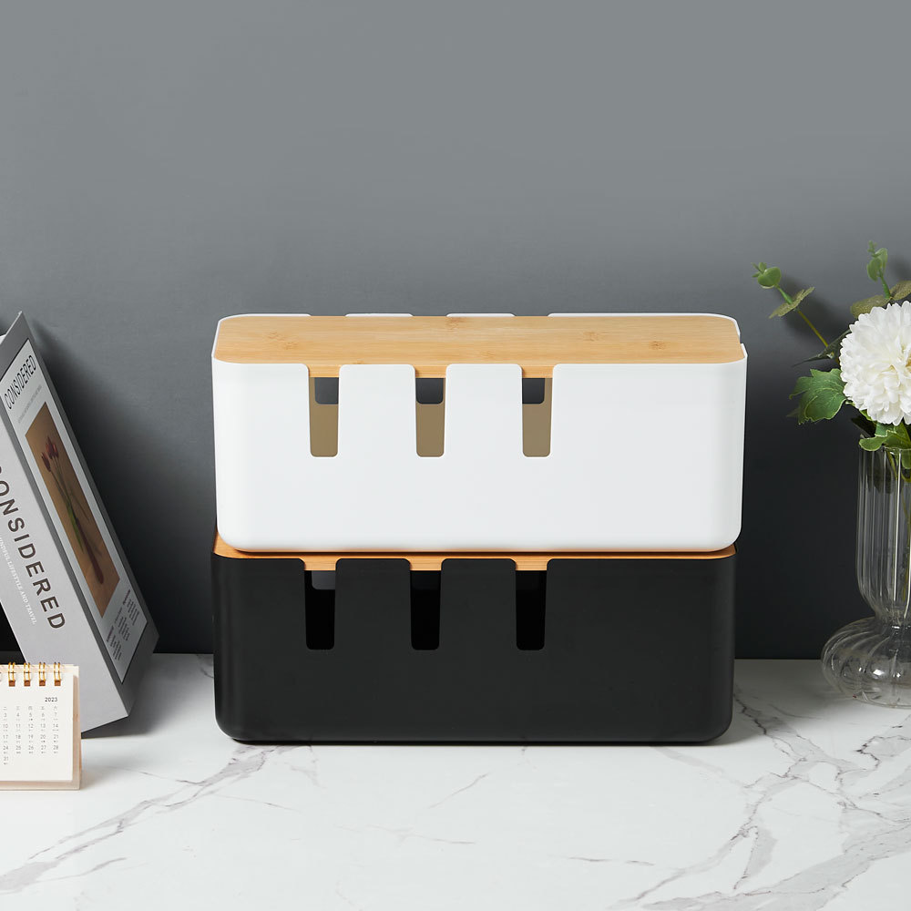 Caja de gestión de cables de escritorio del hogar Creativa cubierta de bambú de siete agujeros caja de colección de cables Placa de parche Cargador de almacenamiento de cable de alimentación y acabado