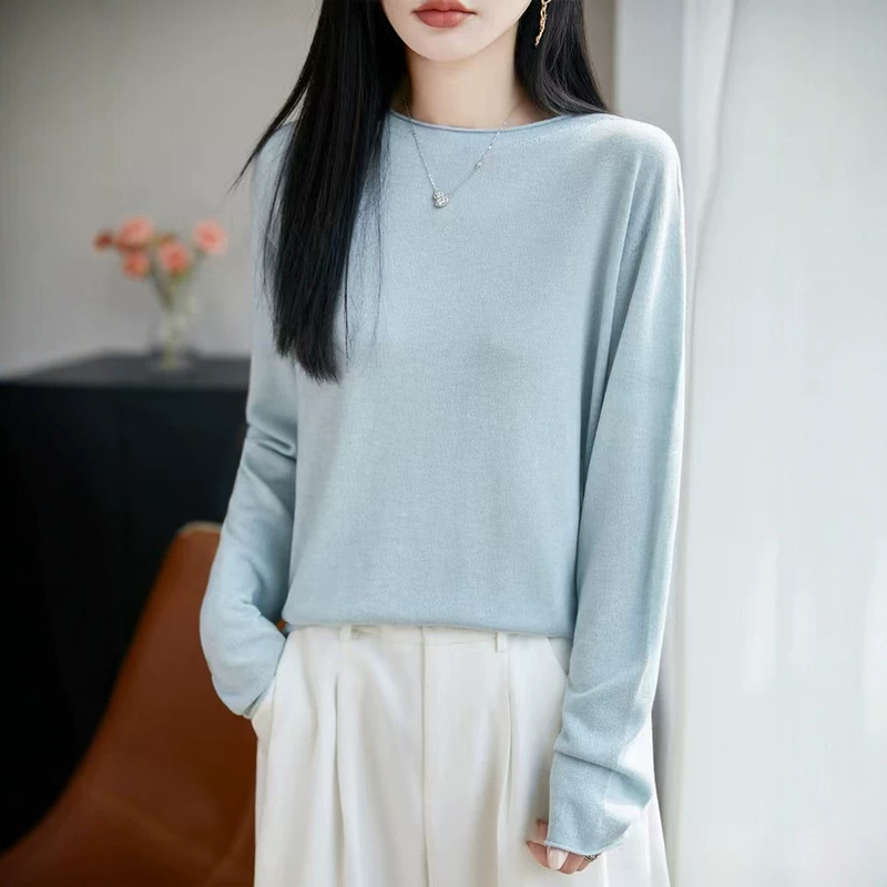 26 New Summer Style High-End Ready-To-Wear Water-Soluble Acetate Wool Round-Neck Rolled-Edge Knitwear Long-Sleeved Women's Pure Color Bottoming Shirt 26 New Summer Style High-End Ready-To-Wear Water-Soluble Acetate Wool Round-Neck Rolled-Edge Knitwear Long-Sleeved Women's Pure Color Bottoming Shirt
