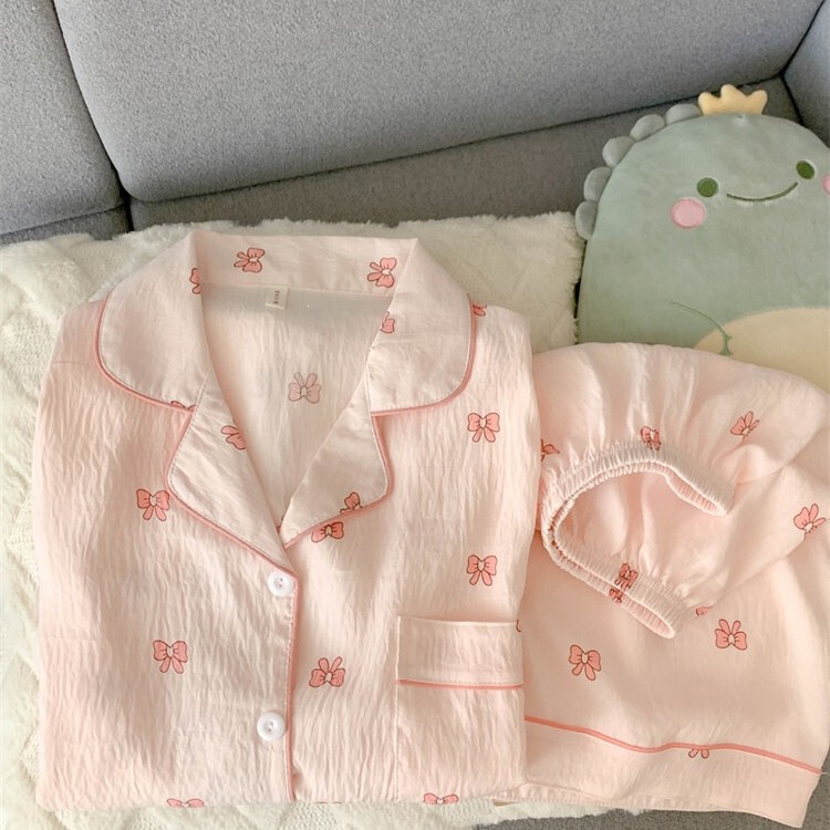 Pink Bow Pajamas for Women, Summer Cloud Cotton Short-Sleeved Shorts Two-Piece Set, Cartoon Student Casual Home Wear Pink Bow Pajamas for Women, Summer Cloud Cotton Short-Sleeved Shorts Two-Piece Set, Cartoon Student Casual Home Wear