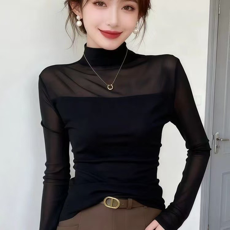 半高领网纱薄款打底衫女长袖2026新款秋装t恤内搭外穿高级感上衣