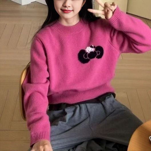 猫咪蝴蝶结提花套头圆领毛衣女2025秋冬新款减龄慵懒风针织衫上衣|undefined