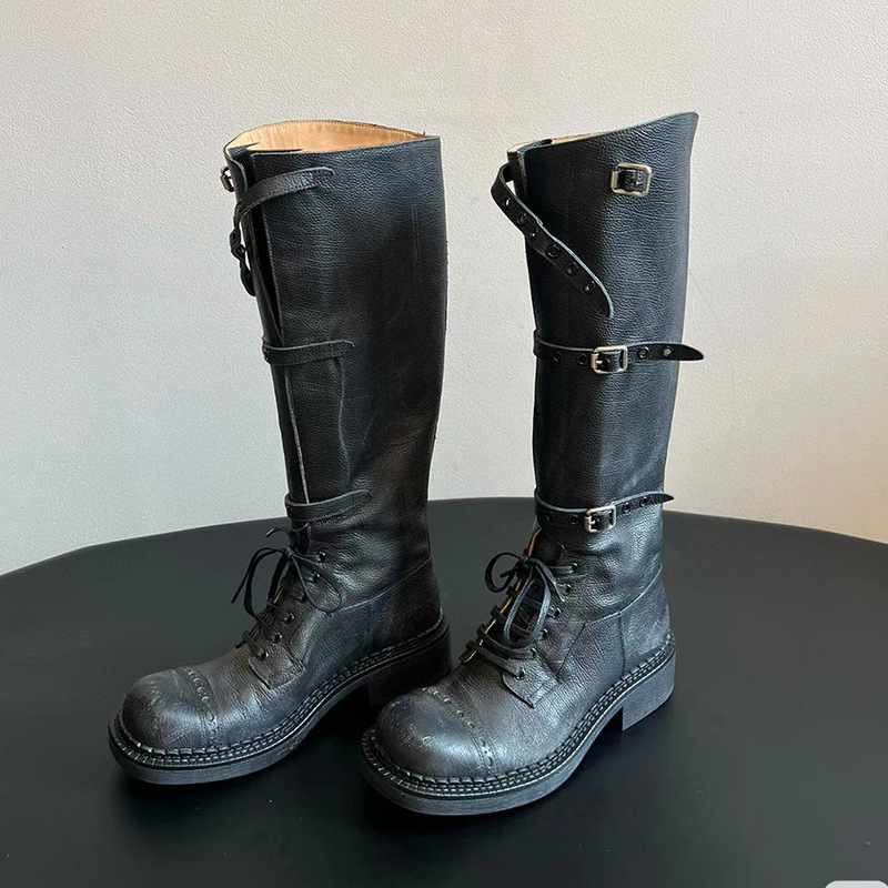 Cowhide Version~ Retro Miu Brand Height-Increasing Fashion Boots for Women 2024 New Style Knight Belt Buckle Ultra-High Heel Long Boots