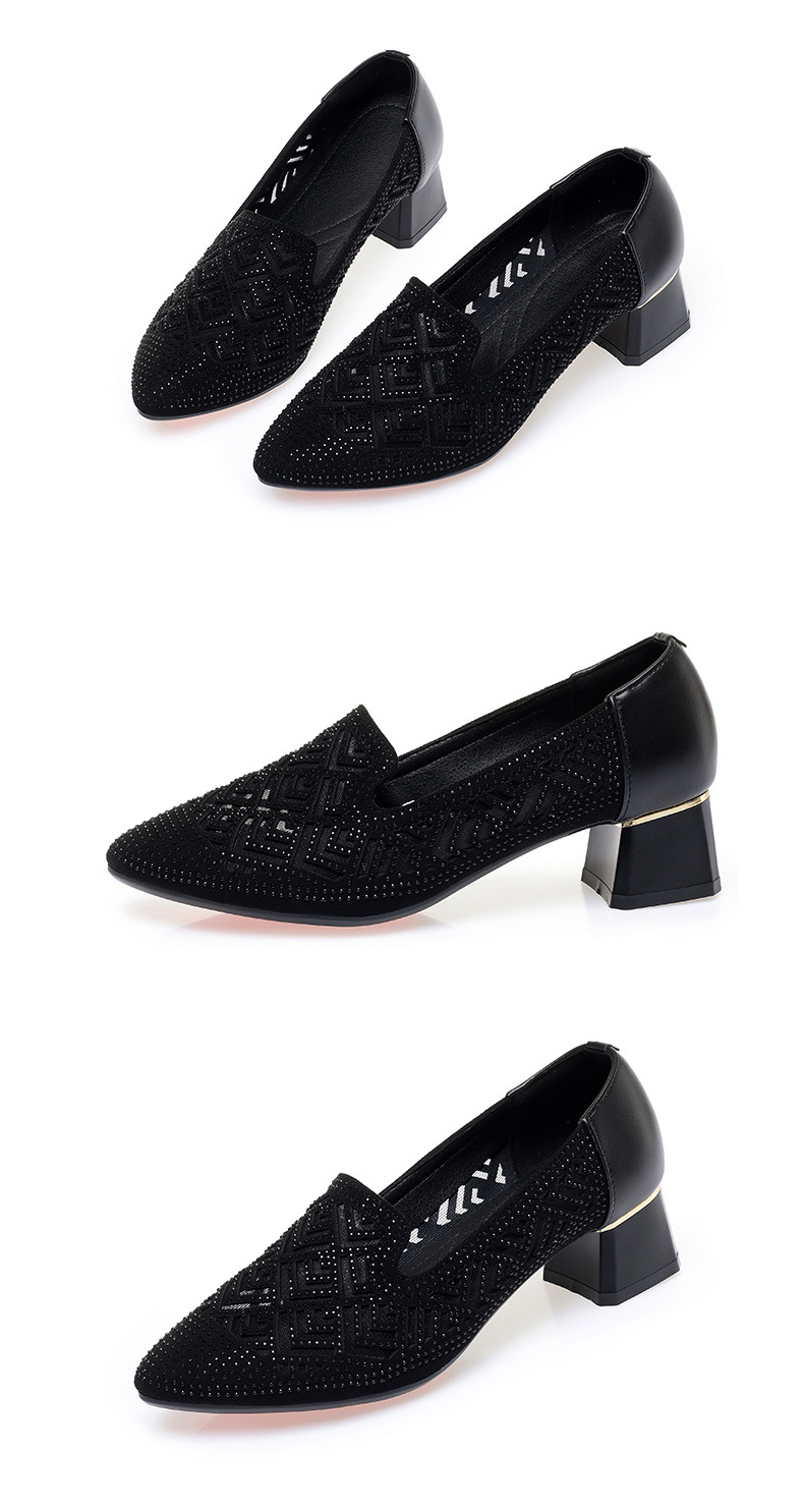Sandal nữ quai chữ V gót thấp da thật lưới thoáng khí — màu đen chi tiết 15