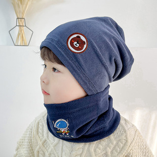 Winter hat collar two-piece suit children's warm neck protection scarf boys and girls autumn and winter double layer fleece-lined pullover hat