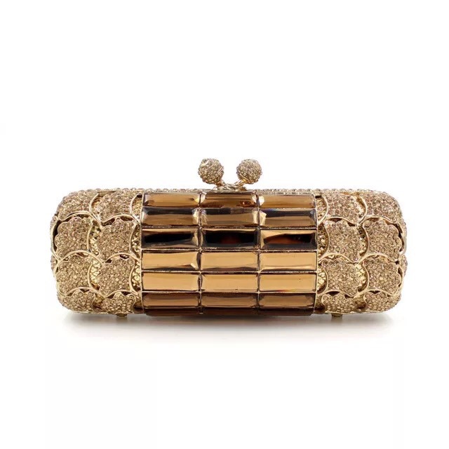 Túi clutch dạ tiệc hình trụ kim loại nạm kim cương vàng hoa mơ — Màu vàng