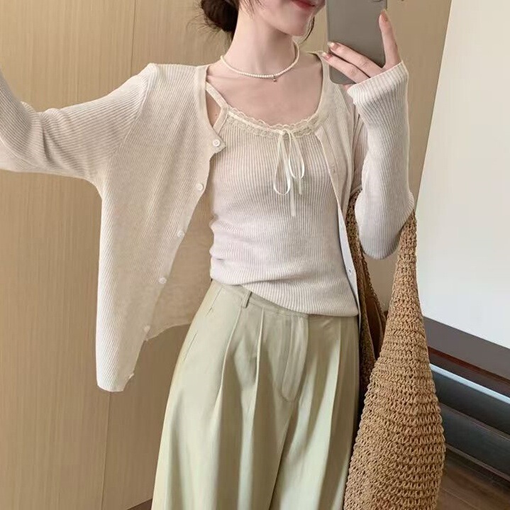 秋冬新款韩版圆领纯色针织打底衫两件套女毛衣内搭上衣套装|undefined