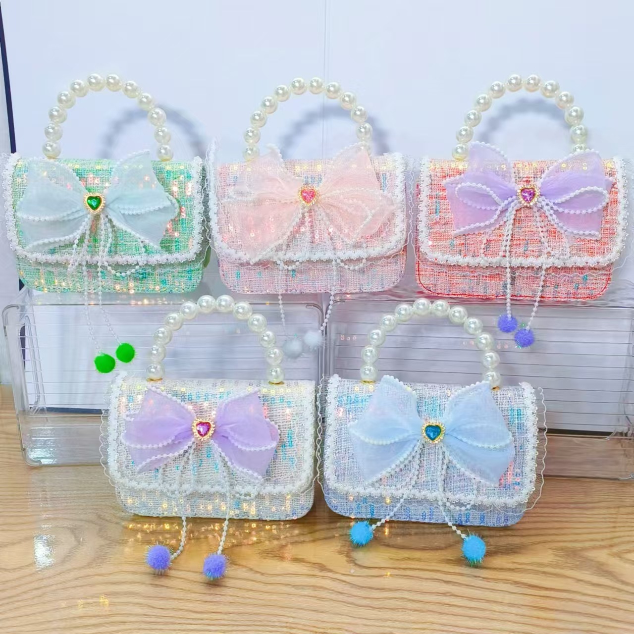 Bolso de la princesa de arco, bolso de mano de perlas, bolso de mano de cadena, bolso de Año Nuevo, bolso de Año Nuevo, regalo del Día de los Niños del 1 de junio