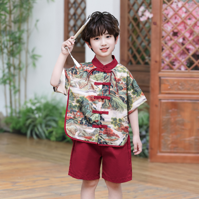 Hanfu for Boys, New Chinese-Style Tang Suit, Traditional and Stylish Children's National Style Short-Sleeve Set, Birthday Outfit, Summer Performance Costume