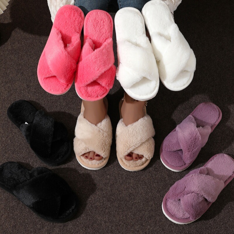 Cross-border TEMU SHEIN popular plush crossover strap cotton slippers for women, European and American style fluffy cotton slippers Cross-border TEMU SHEIN popular plush crossover strap cotton slippers for women, European and American style fluffy cotton slippers