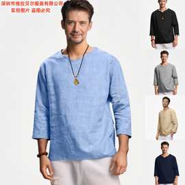 同平台 盗图必究  亚马逊外贸上衣亚马逊男装长袖V领棉麻宽松衬衫